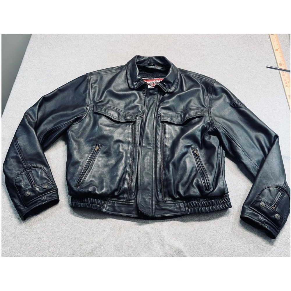 Firstgear Mens 48 Black Leather Motorcycle Jacket Biker Riding Vented Vintage